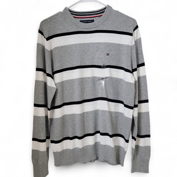 Tommy Hilfiger Size M Gray White Black Striped Sweater, NEW with Tag! - Picture 1 of 13